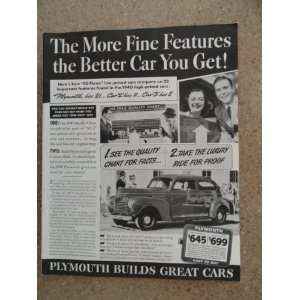  1940 Plymouth car, Vintage 40s full page print ad. black 