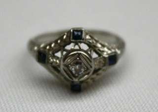   ART DECO FRENCH 14K WHITE GOLD DIAMOND SAPPHIRE RING SIZE 3.5  