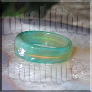 Green Agate Stone Mood Ring Band Rhinestone Birthstone Box Chart Size 