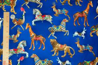 Carousel Animals Exclusively Quilters,Blue Background Quilt Fabric BTY 