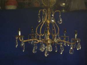 Antique Brass Chandelier 5 Arm Spain Teardrop Prisms  