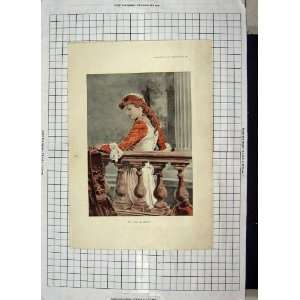  ANTIQUE COLOUR PRINT LADY BALCONY ICE SKATING WINTER