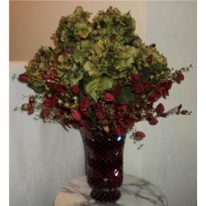  New Fall Red & Green Hydrangea Silk Flower Arrangement 