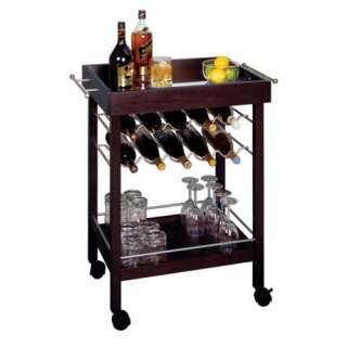 New Wooden Rolling Bar Cart w/ Wine Rack   Espresso  