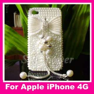 3D Rhinestone Full white BOW Bling Pearl hard Case cover for iPhone 4 