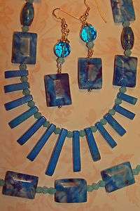 Crazy Blue Lace Agate, Blue Jade Necklace, Bracelet & Earring Set 