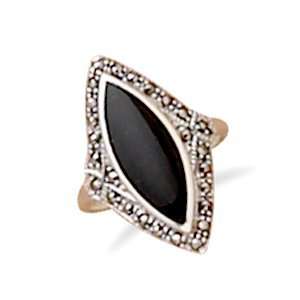   Marquise Black Onyx With Marcasite Edge Sterling Silver Ring Size 10
