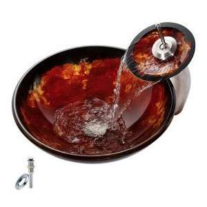 Victory Round Red and Black Tempered glass Vessel Sink With Waterfall 