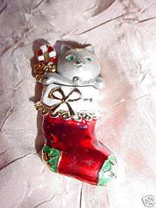 Cute Pewter Cat in Stocking Christmas Pin Brooch Rhinestones signed 