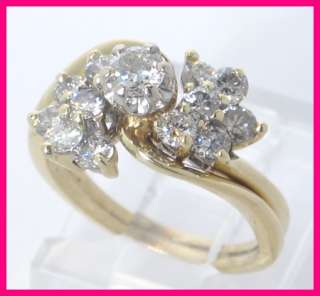 14ky Gold Round Diamond Cluster Wedding Ring Set .92ct  