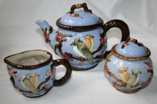 368 Vintage Blue Cockatiel Tea Pot, Creamer & Sugar  