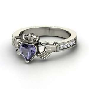  Claddagh Ring, Heart Iolite 14K White Gold Ring with White 