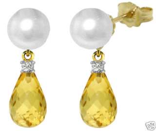 Cultured Pearl Studs Natural Citrine Diamond Dangle Post Earrings 14K 