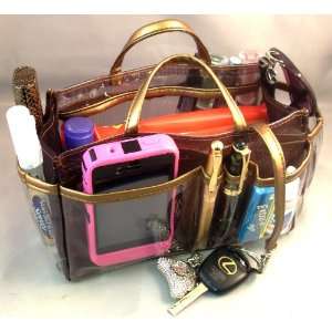 Jolie Clear with Bronze Mesh Handbag Organizer Travel Cosmetic Make Up 