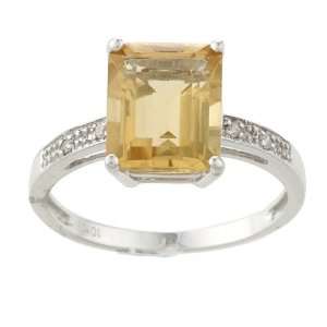   10k White Gold Emerald Cut Citrine and Diamond Ring   size 5 Jewelry