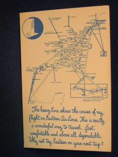 Eastern Airlines vinatage route map advertising postcard. 1940s ca 