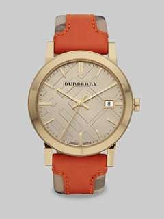 Burberry   Leather Accented Haymarket Check Goldtone Stainless Steel 