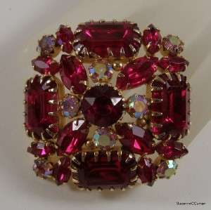 Beautiful Vintage Tiffany Prong Emerald Cut Red Rhinestone & AB Pin 