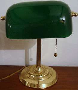VTG BRASS & GREEN GLASS LAMP EXECUTIVE DESK TABLE LIGHT  