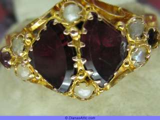 FANCY UNUSUAL ANTIQUE GOLD AMETHYST & SEED PEARL RING  