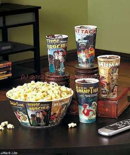 New Retro Big Popcorn Bowl 4 Tumbler Set 5 Piece Set Vtg Monster Movie 