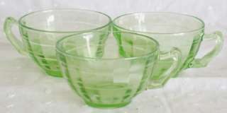 Vintage Green Depression Glass Block Optic Cups x 3  