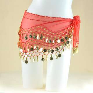 Gold Coins Belly Dancing Hip Scarf Costume Belt Wrap red  