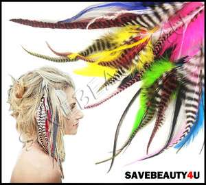 100% REAL GRIZZLY FEATHER MULTI COLOR EXTENSION HAIR WITH BEADS 9 11 