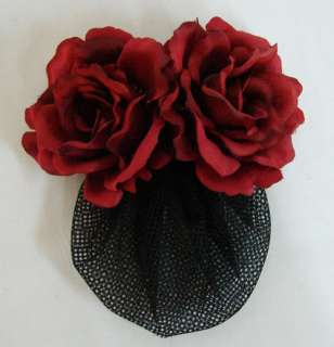 Red Silk Rose flower Barrette Hair Clip with Snood Net  