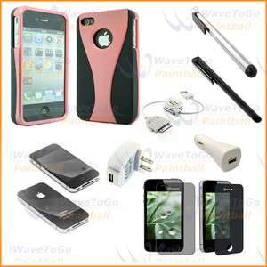   iPhone 4 4S 7 Accessory Pink Hard Case + Charger + Protector Bundle