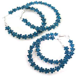 Prom Blue Zircon Crystal Circle Ring Pave Hoop Earrings  
