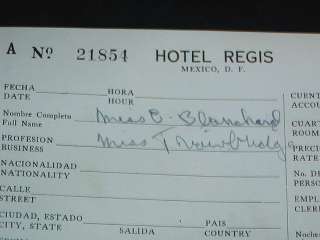 Antique Hotel Registration Card, Hotel Regis, Mexico  