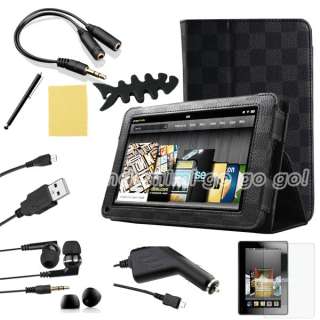 For Kindle Fire  PU Leather Folio Case/Car Charger/USB Cable/Stylus/Ea 