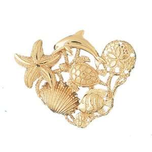   Gold Dolphins, Starfish, Turtle, Sand Dollar, Shell And Fish Pendant