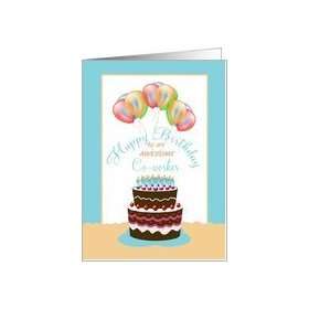 Co Worker Happy Birthday Cake Lit Candles and Balloons Card