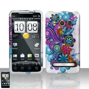 For HTC Evo 4G (Sprint) Rubberized Purple/Blue Flowers Design Snap on 