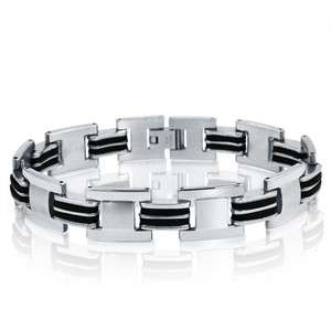   Steel with Black Rubber Mens Chain Link Bracelet 8 1/2 inches  