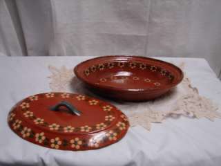 Mexican Redware Pottery Hand Painted Casserole Dish  
