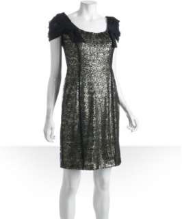 Badgley Mischka Platinum Label black sequin lace bow sleeve dress 
