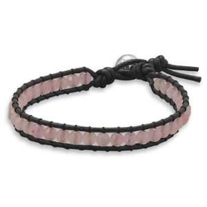  7 Inch Leather and Pink Jade Bracelet Jewelry