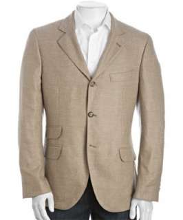 Brunello Cucinelli tan wool cashmere tweed three button blazer 
