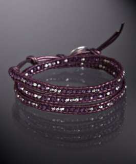 Chan Luu maroon crystal and nugget beaded leather triple wrap bracelet 