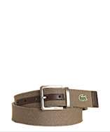 Lacoste olive fabric and brown leather reversible belt vs. Gucci grey 