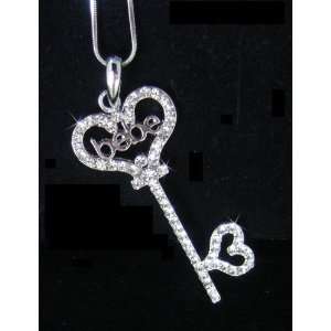   bebe white gold trendy heart & key w/ logo necklace 