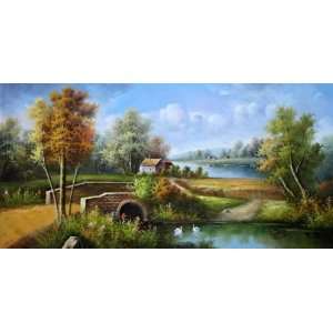Small Cottage and Stone Bridge in a Peaceful Landscape Oil Painting 24 