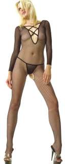 Seamless fishnet lace up long sleeved bodystocking open  