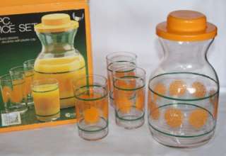 Vtg Orange Juice Carafe Decanter w/Lid & 3 Glasses NIB  