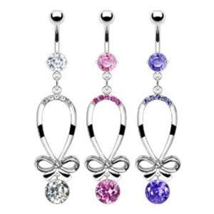  Belly ring with long bow tie dangle and gem, clear 