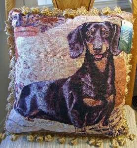Dachshund Doxie Pillow Tapestry Fringed 17 Sq. USA NWT  