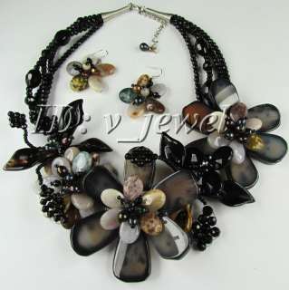 Onyx ocean jasper pearl flpwer necklace/earring set VJ  